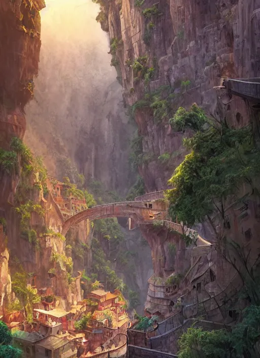 Image similar to medieval city built on terraces in a gigantic canyon, lots of buildings connected by hanging bridges, waterfalls, warm glow coming the ground, lush vegetation, pitchblack sky, extremly detailed digital painting, in the style andreas rocha and greg rutkowski, colors by peter mohrbacger, rim light, beautiful lighting, 8 k, stunning scene, octane, trending on artstation