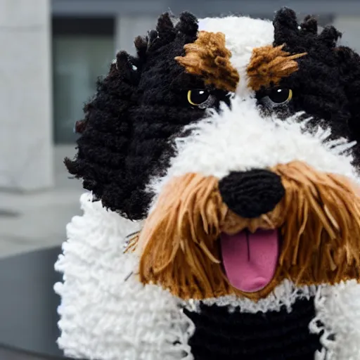 Image similar to a closeup photorealistic photograph of a cute smiling knitted bernedoodle judge dog dressed in a black gown, presiding over the courthouse. indoor image, professional capture, well lit shot. this 4 k hd image is trending on artstation, featured on behance, well - rendered, extra crisp, features intricate detail, epic composition and the style of unreal engine.