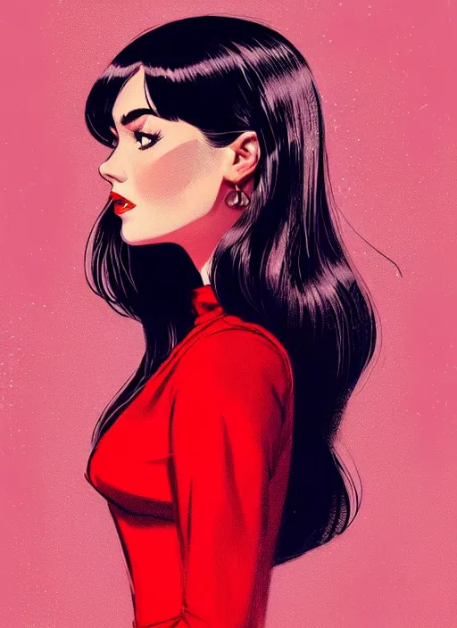 Image similar to portrait of veronica lodge with bangs, 1 9 6 0 s, long hair, red clothes, bangs, intricate, elegant, glowing lights, highly detailed, digital painting, artstation, concept art, smooth, sharp focus, illustration, art by wlop, mars ravelo and greg rutkowski