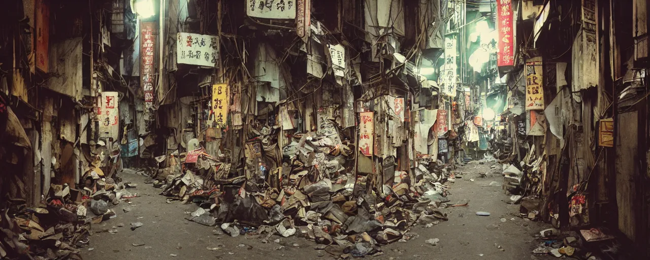 Prompt: dynamic pov 28mm lens view, running through a crowded narrow alley in kowloon walled city, dirty, fluorescent lights, evening, tungstem color balance, cinestill, street photography