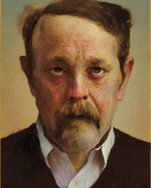 Image similar to painterly portrait, william fitchner, impasto, fantasy, chuck close:7, carl spitzweg:7, cinematic light, full face, symmetrical face