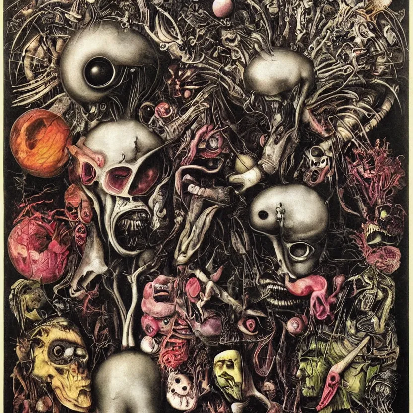 Image similar to post - punk new age album cover, asymmetrical design, alien? magic, apocalypse, psychedelic, highly detailed, black white pink, magic, giger h. r., giuseppe arcimboldo