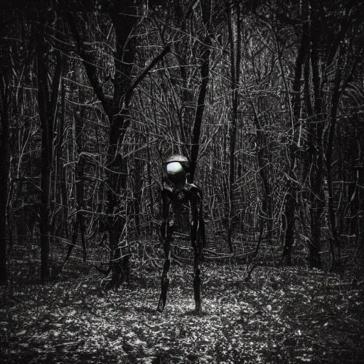 Image similar to grainy surveillance photo still of an alien in the woods at night hiding in the trees of a forest, low contrast, atmosphere, moonlight through trees