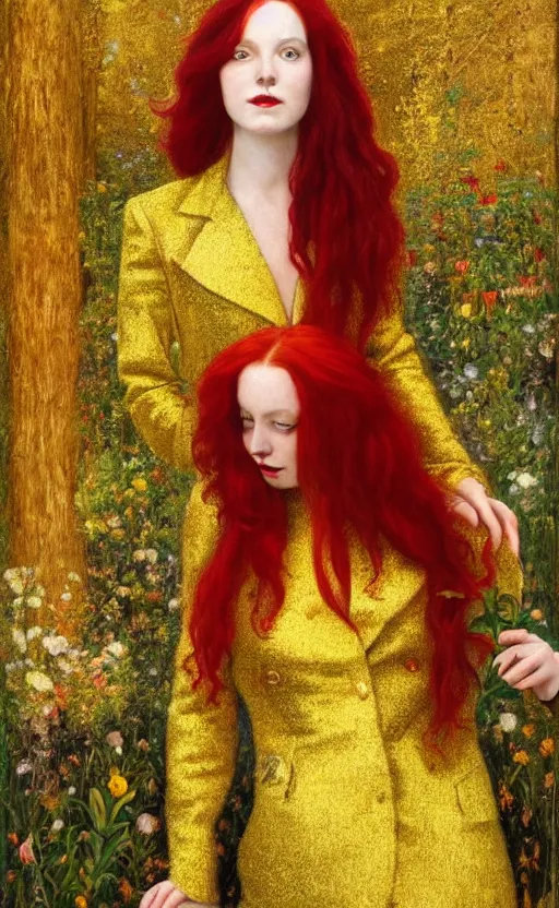 Prompt: portrait of a woman with long red hair, very beautiful style, the girl standing, in a gold suit, photorealism, against a winter garden, vanya comoretti,