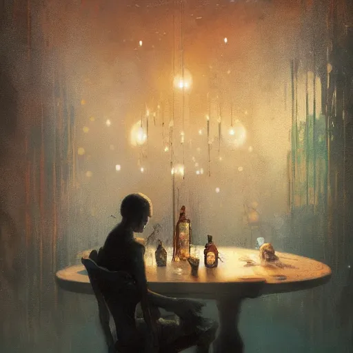 Prompt: The dinner with all of my lost ones, By Delphin Anjolras, by Ismail Inceoglu, by Emiliano Ponzi, ghosts