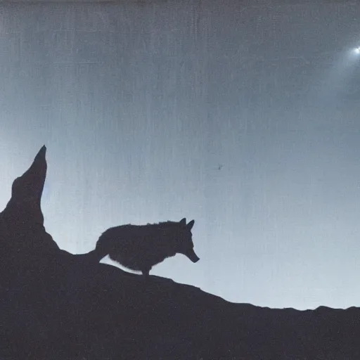 Image similar to david bowie riding a wolf forest ((over a rock)), dark lighting