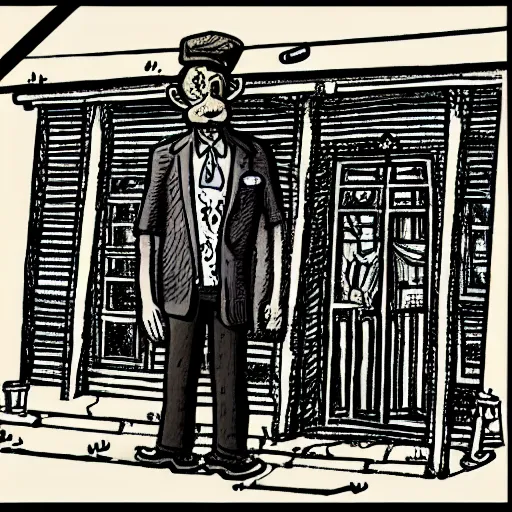 Image similar to a drawing of a man standing in front of a house. He's wearing a shirt and tie, pork pie hat. drawn by Robert Crumb