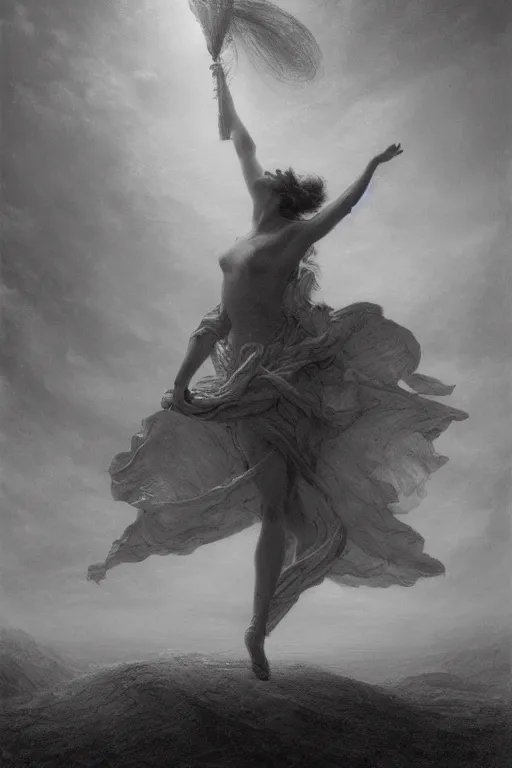 Image similar to dancer in the wind by gustave dore and greg rutkowski, light cone, reimagined by industrial light and magic