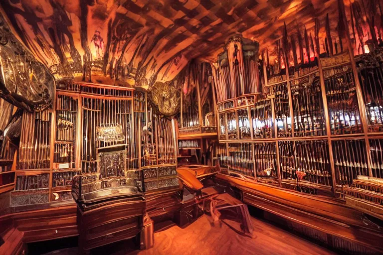 Prompt: the interior of the organ room at house on the rock in wisconsin.