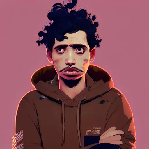 Image similar to highly detailed portrait of a sewer punk guy worker, thirties, black hair, brown eyes, small mustache, tartan hoody, short curly hair by atey ghailan, by greg rutkowski, by greg tocchini, by james gilleard, by joe fenton, by kaethe butcher, gradient pink, brown, light blue and white color scheme,