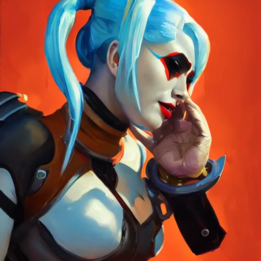 Image similar to greg manchess portrait painting of armored harley quinn as overwatch character, medium shot, asymmetrical, profile picture, organic painting, sunny day, matte painting, bold shapes, hard edges, street art, trending on artstation, by huang guangjian and gil elvgren and sachin teng