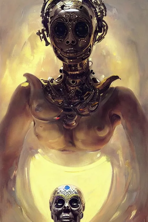 Image similar to beautiful expressive oil painting portrait of futuristic god queen, silver exoskeleton, with a gold sugar skull mask, cyberpunk, alien semiotic symbols, art by anders zorn, wonderful masterpiece by greg rutkowski, beautiful cinematic light, american romanticism by greg manchess, jessica rossier