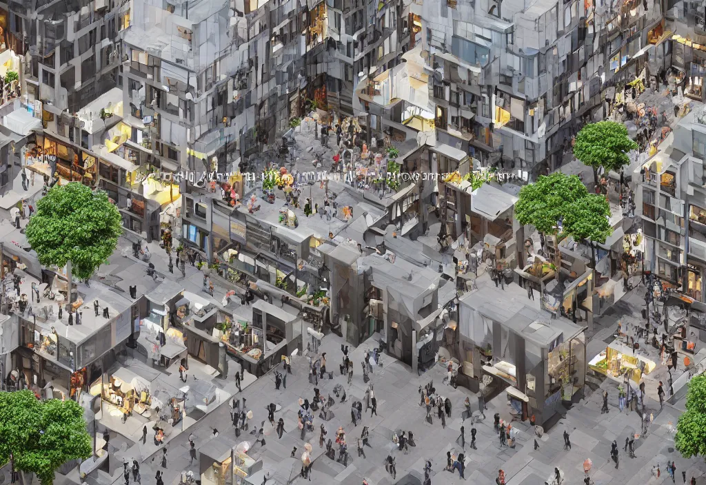 Image similar to a shopping street in a city, architectural block of boxes, highly detailed, octance render, leisure area in the middle of the building, 8 k rendering