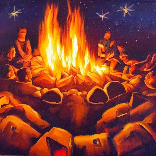 Prompt: angels in the sky looking down on earth at 6 people around a campfire at night, oil paint on canvas