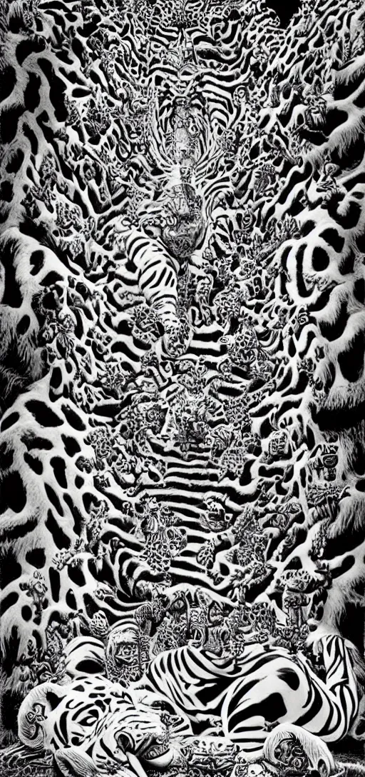 Prompt: tony the tiger dissolving into neon cereal pieces, cubensis, basil wolverton, r crumb, hr giger, mc escher, dali