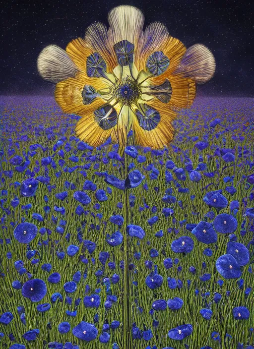 Image similar to detailed, intricate blue black and purple papaverum flower on the field, nebula, galaxy in the sky, winning award masterpiece, fantastically beautiful, illustration, aestheticly inspired, jacek yerka, upscale with anguissola sofonisba work, artstation, 8 k