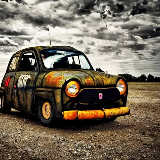 Prompt: nuclear themed ratrod car in the frame of a fiat panda. nuclear, mechanical ad, vehicle photoshoot, distant. hd ratrod, exposed engine, racer