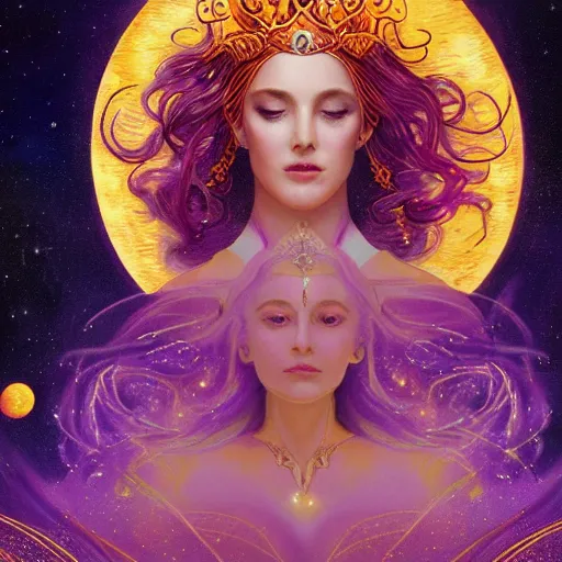 Prompt: queen of the stars goddess, gentle, dreamy purples and golds and orange, flowing stars and planets, arcane, highly detailed, intricate, beautiful, face radiates light, the moon around her, sitting upon a throne, cinematic lighting, cinematic, ultra detailed, hyperrealism, art nouveau, alan lee, celestial symbols, dynamic pose, dramatic lighting, concept art, hdri, 4k -