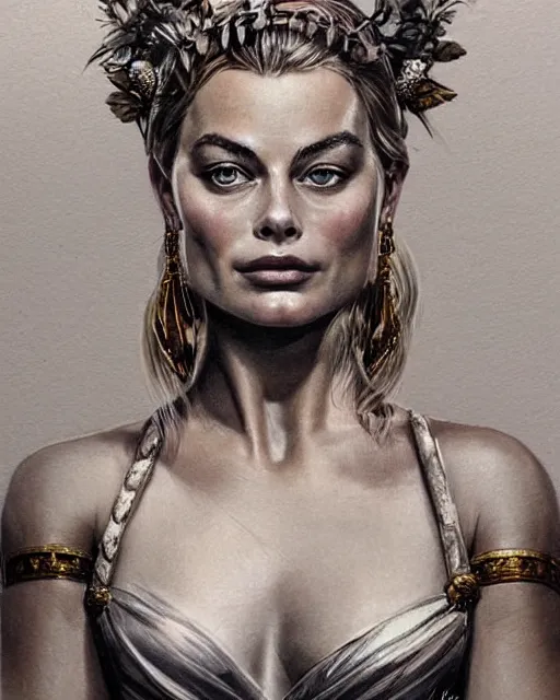 Image similar to realism tattoo sketch of margot robbie as a beautiful greek goddess aphrodite with piercing eyes wearing a laurel wreath and triangle earrings, in the style of greg rutkowski, amazing detail