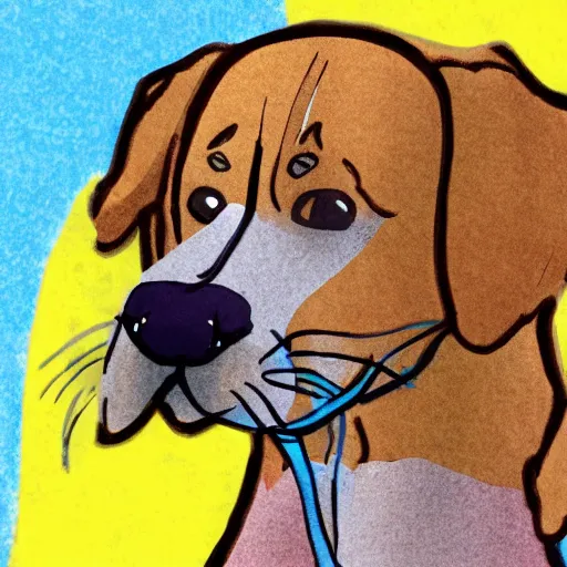 Image similar to yellow dog with blue nose and red hair and brown spots, cartoon illustration