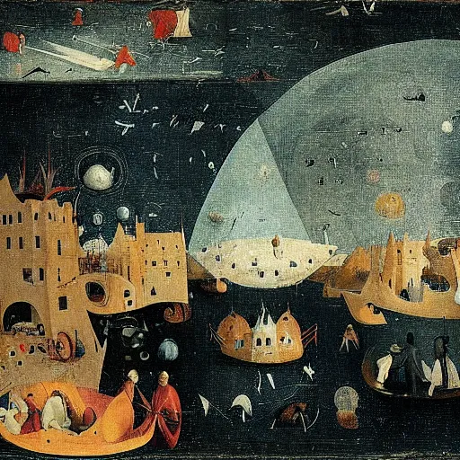 Image similar to The performance art shows a group of flying islands, each with its own unique landscape, floating in the night sky. The islands are connected by a network of bridges, and a small group of people can be seen walking along one of the bridges. Mediterranean by Hieronymous Bosch straight