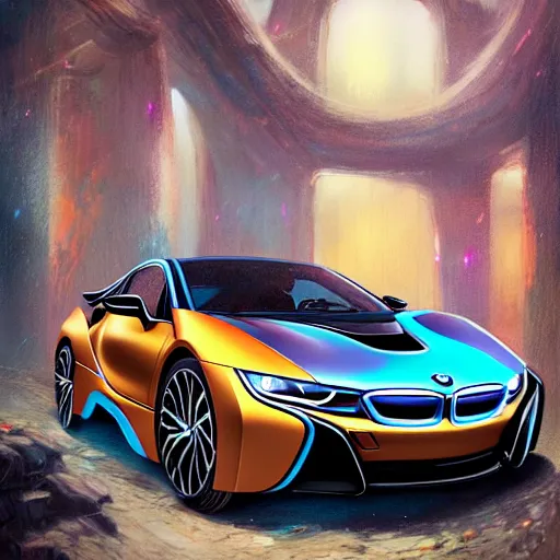 Prompt: bmw i 8 colorful, fantasy, intricate, highly detailed, digital painting, hq, trending on artstation, illustration, style of stanley artgerm and greg rutkowski and dan mumford