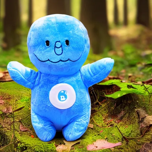 Image similar to blue'snappy gifts'logo plush doll with smiley face in magical forest, gifts, dark atmosphere, high detail, soft lighting, 8 k