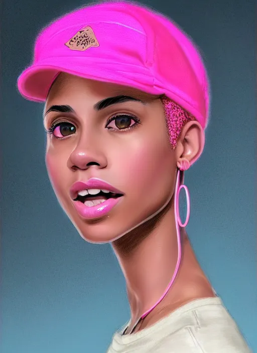 Image similar to portrait of teenage vanessa morgan with bright pink hair, black girl, vanessa morgan, curly pixie cut hair, wearing newsboy cap, pink pixie haircut, newsboy cap, hoop earrings, intricate, elegant, glowing lights, highly detailed, digital painting, artstation, concept art, smooth, sharp focus, illustration, art by wlop, mars ravelo and greg rutkowski