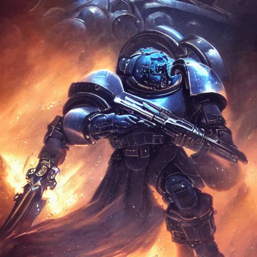 Prompt: Astartes marine in battle, stunning, concept art, intricate, highly detailed, realistic, epic