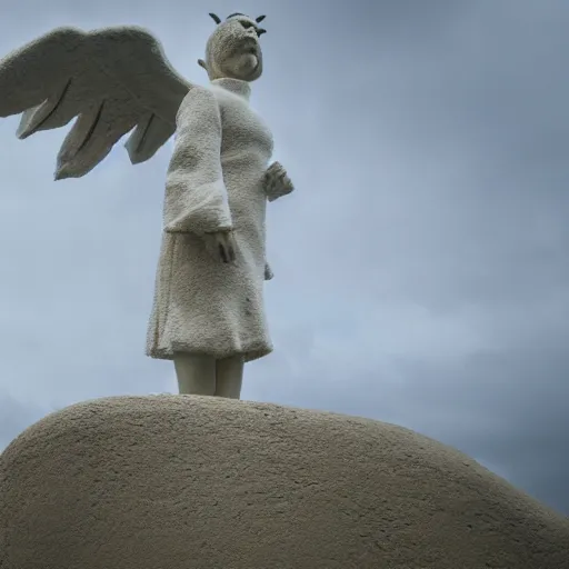 Image similar to Statue of a creepy sheep as an angel, photorealistic, film still, desolate