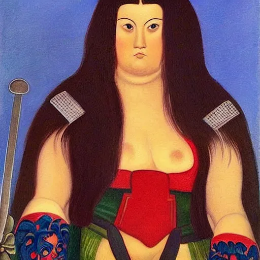 Prompt: “ she warrior with brunette long hair with a katana sword wearing red long boots painting with the style of botero ”