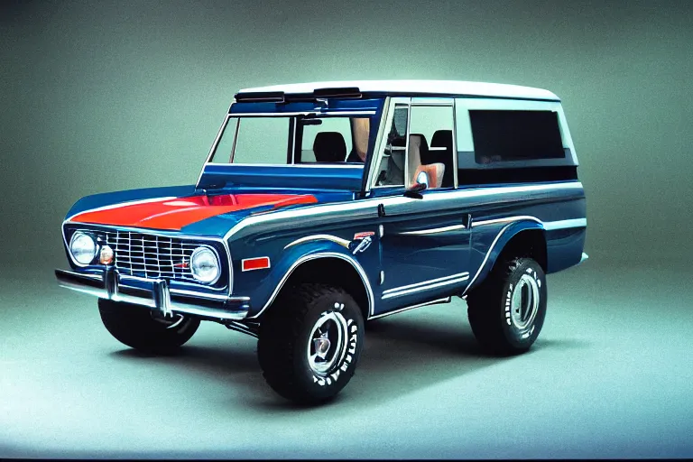 Prompt: designed by Giorgetto Giugiaro stylized poser of a single, 1973 Bronco, thick neon lights, ektachrome photograph, volumetric lighting, f8 aperture, cinematic Eastman 5384 film