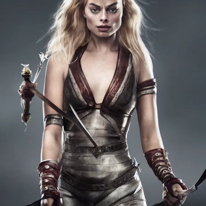 Image similar to margot robbie, broadsword in her hands, sword. very coherent symmetrical artwork. cinematic, high detail, octane render, 8 k