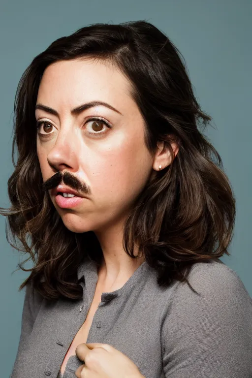 Image similar to photo of Aubrey Plaza with Ron Swanson moustache, portrait, 3/4 view, Refined, Detailed professional photo, 50mm lens, Canon eos, blurry distant background, Highly Detailed, Cinematic Lighting, 8k