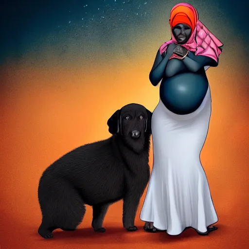 Image similar to a 3 0 year old somali woman, pregnant, next to a black puppy, full body, ultra detailed fantasy, bright, colorful, realistic