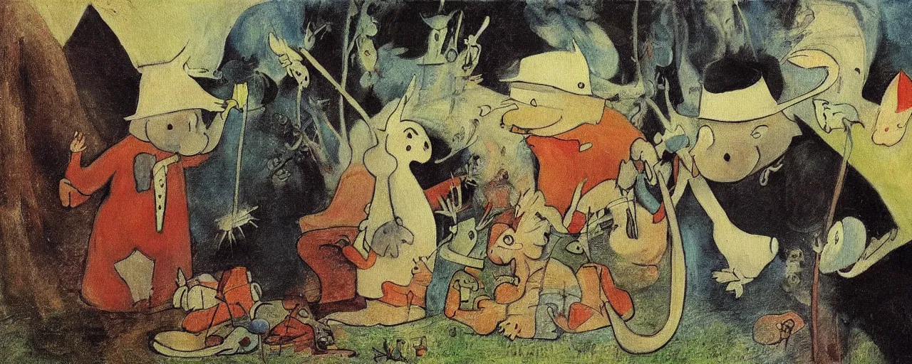 Image similar to the moomins, bosch painting