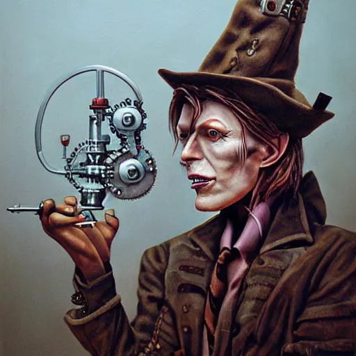 Image similar to a hyperrealistic painting of a steampunk david bowie, by john kenn mortensen, highly detailed,