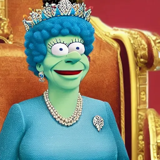 Prompt: movie still of marge simpson as the queen of england