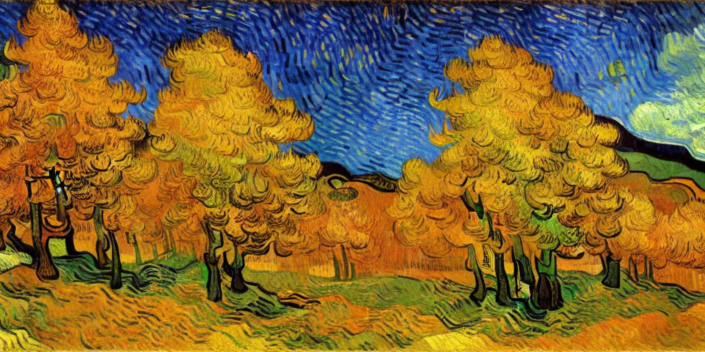 Prompt: landscape artwork of Franconia ridge, autumnal leaves blazing, oil on canvas by Vincent van Gogh