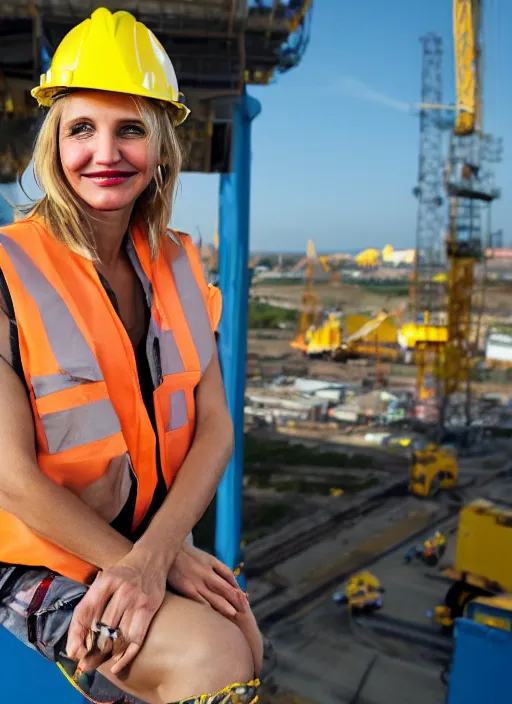 Prompt: closeup portrait of cheerful young cameron diaz as a crane operator, yellow hardhat, sitting in a crane, natural light, bloom, detailed face, magazine, press, photo, steve mccurry, david lazar, canon, nikon, focus