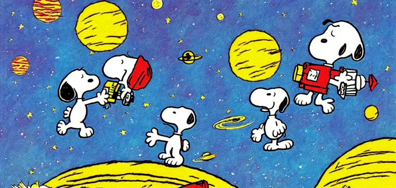 Image similar to calvin and snoopy in space exploring an alien planet, drawn by bill watterson and charles schulz, very detailed and cute and dreamy and playful and happy and cheerful