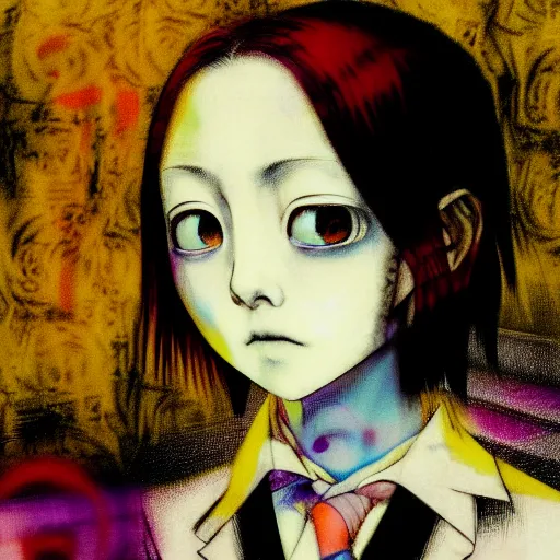 Image similar to yoshitaka amano blurred and dreamy realistic three quarter angle horror portrait of a sinister young woman with short hair and yellow eyes wearing office suit with tie, junji ito abstract patterns in the background, satoshi kon anime, noisy film grain effect, highly detailed, renaissance oil painting, weird portrait angle, blurred lost edges