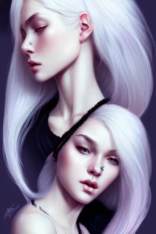 Image similar to teen girl, few speckle skin, tatoo, white hair, gorgeous, amazing, elegant, intricate, highly detailed, digital painting, artstation, concept art, sharp focus, illustration, art by Ross tran and kuvshinov