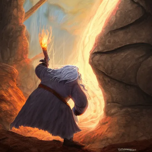 Prompt: Ralph Wiggum as Gandalf, fighting the Balrog in Moria, cinematic art, style of Artgerm and Greg Rutowski, digital painting, high detail