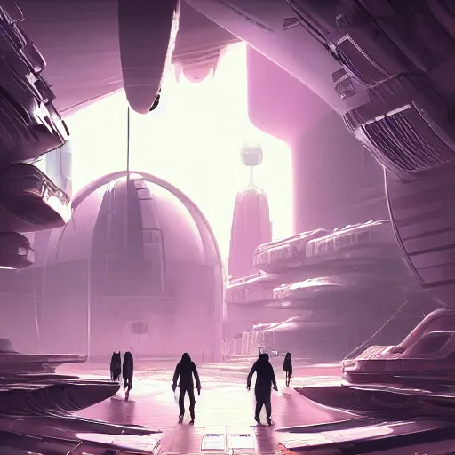 Image similar to futuristic colony on mars with alien and robot pedestrians walking in between giant buildings in the style of petros afshar, cg society, trending on artstation,