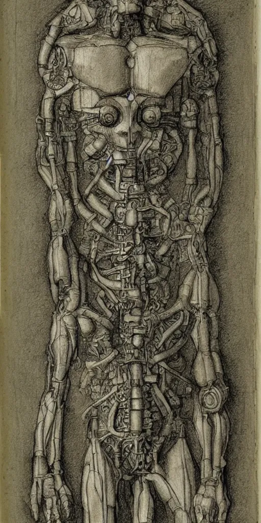 Image similar to humanoid machine sketch by Leonardo da Vinci, sketchbook, highly detailed, symmetrical