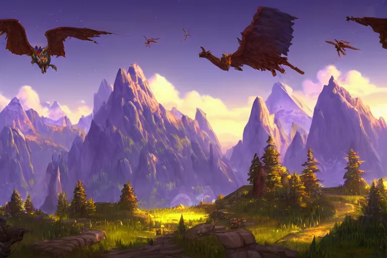 Image similar to world of warcraft environment with trees and a huge stage in the center and birds flying, rocky mountains and a river, beautiful, concept