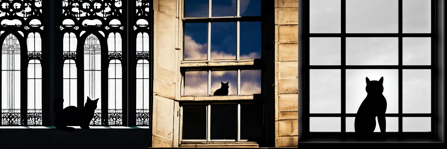 Prompt: a cat sitting in a window, paris skyline, silhouette, victorian, gothic, highly detailed, cinematic lighting, 8 k, hd