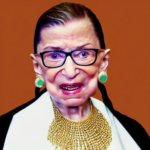 Image similar to Ruth Bader Ginsburg as a gangsta rapper wearing gold chains and grinning to show off her grills