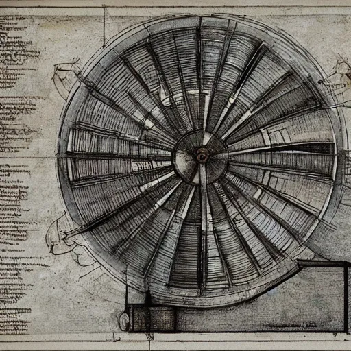 Image similar to leonardo da vinci color intricate full page scan blueprint of an environmental turbine machine, on paper, black ball pen style, :: ultra-detailed technical precision :: mixed media with white and silver lines, realistic composition, point of interest at golden ratio, light from right, more darkness on the bottom, monumentally art composition, high quality of sketching with subtle hairlines, highly detailed rounded forms, inside out and outside in, octane render